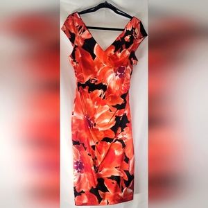 MAGGY LONDON Floral Print Side Zip Cinched Waistline Knee Length Double V Dress